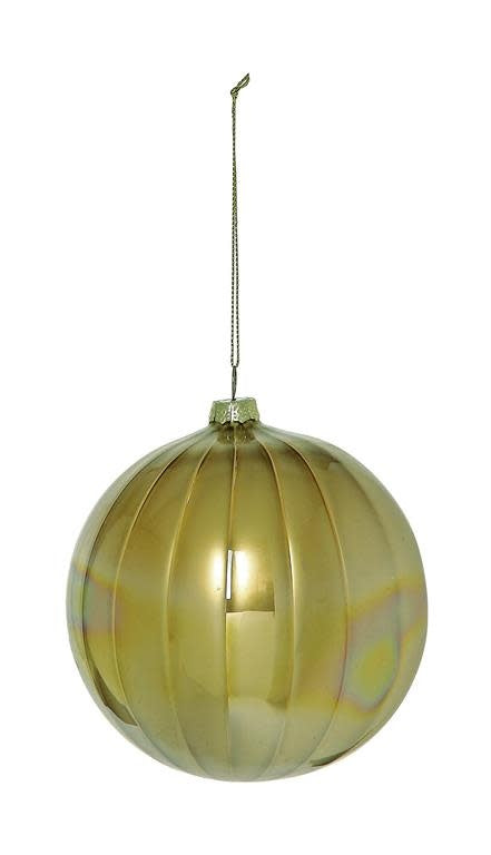 120mm gold mercury glass ball ornament with a vertical ribbed pattern and a metallic finish.