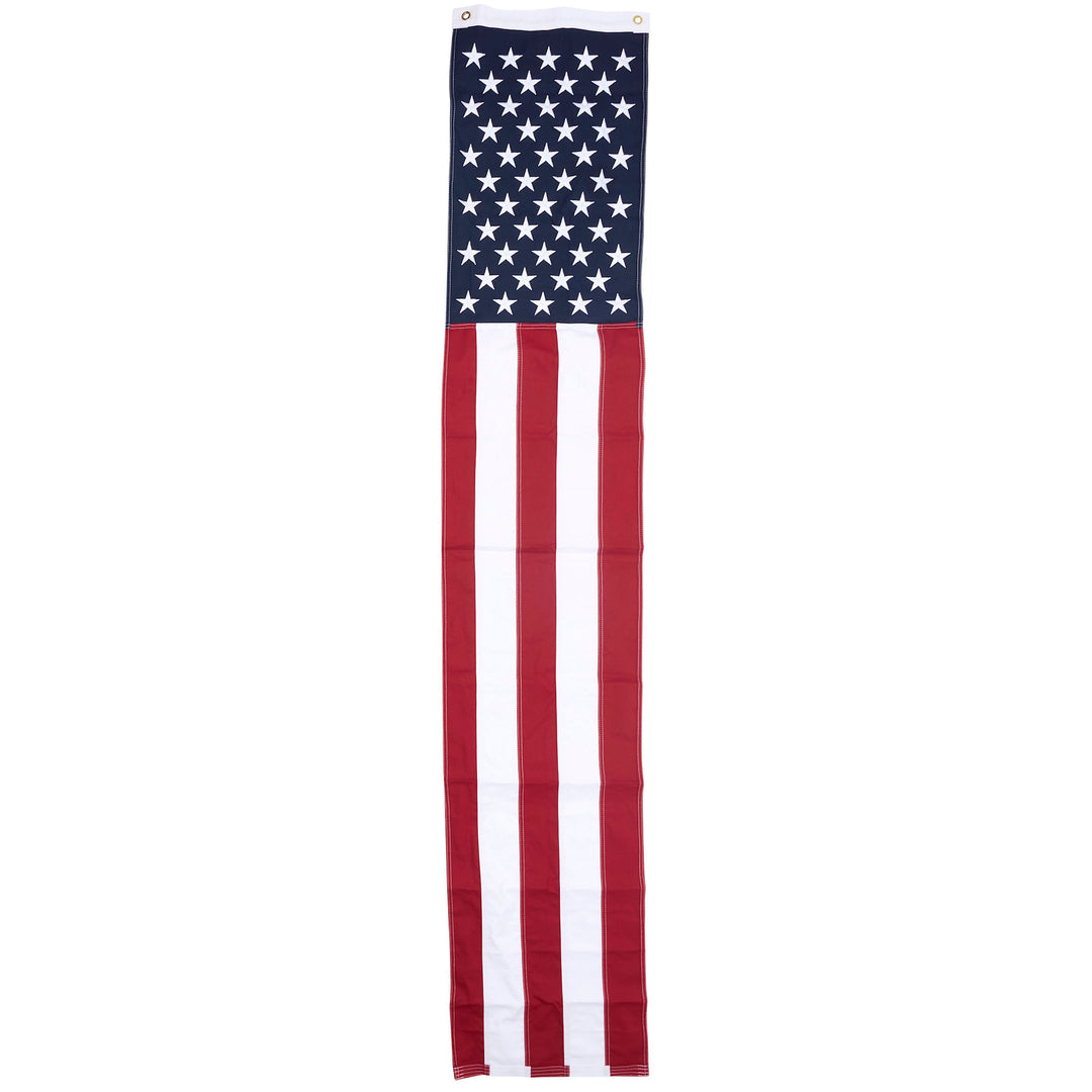 Rustic American flag porch banner made of cotton with metal grommets.