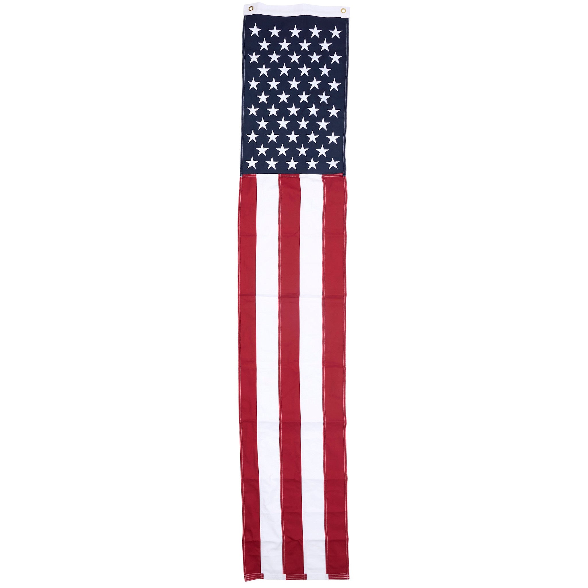 Rustic American flag porch banner made of cotton with metal grommets.