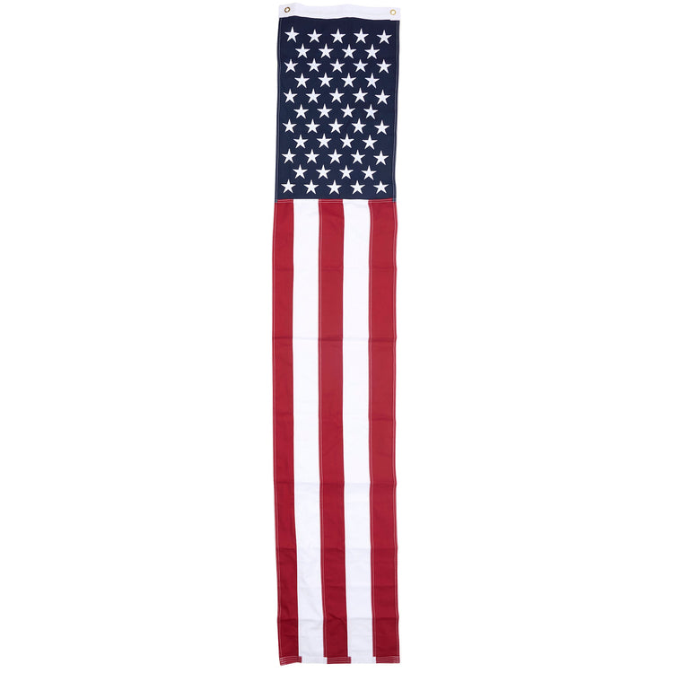Rustic American flag porch banner made of cotton with metal grommets.