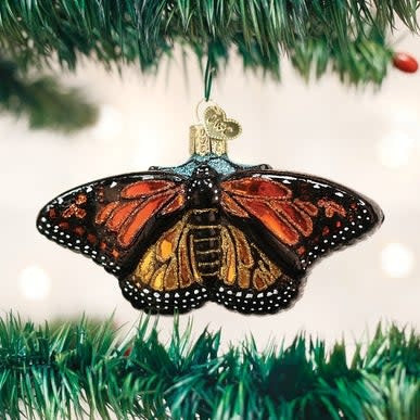 Monarch Butterfly ornament with orange wings featuring black veins and white spots on a silver metallic finish.