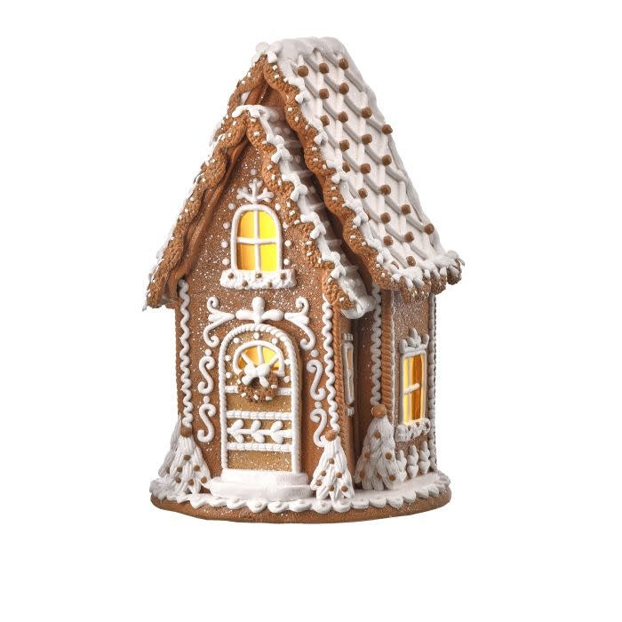 A 12.5-inch gingerbread-style house decoration with white icing details and warm LED interior light.