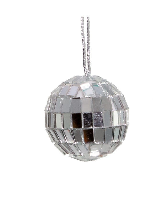 Small spherical glass disco ball ornament covered in tiny reflective mirrored squares.