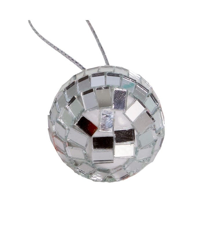1.25-inch miniature glass disco ball ornament covered in small reflective mirrored squares.
