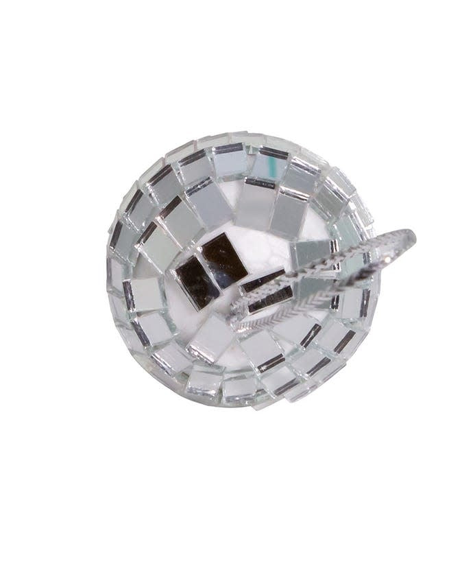 Small 1.25-inch round disco ball ornament covered in reflective mirrored glass squares.