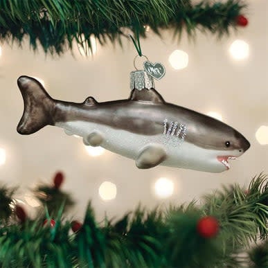 Great White Shark ornament in white with gray accents standing upright.