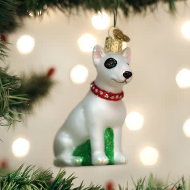 Bull Terrier ornament featuring a white egg-shaped head on a strong body silhouette.
