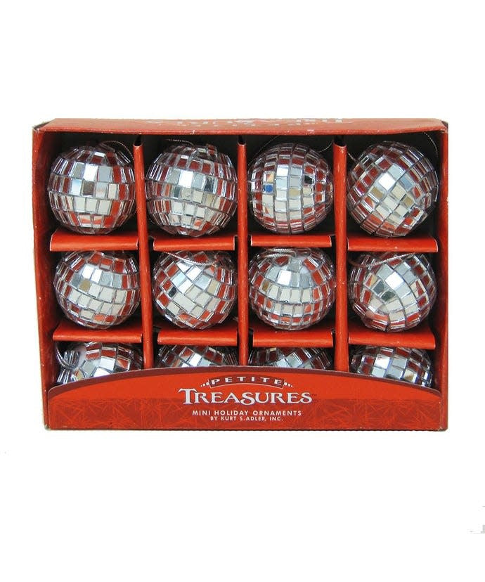 Set of 12 miniature 1.25-inch glass disco ball ornaments with mirrored square tiles in a box.