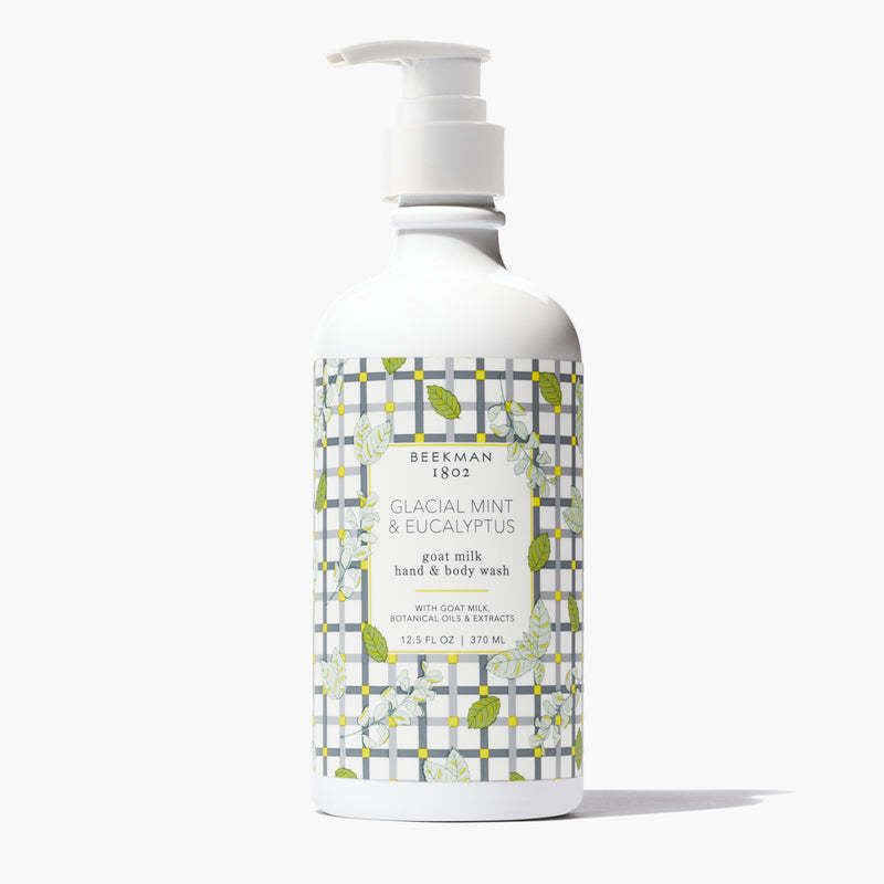 Beekman 1802 Glacial Mint & Eucalyptus hand and body wash in a white bottle with a plaid pattern.