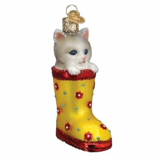 Kitten in Rain Boot Ornament: a small figurine showing a kitten standing inside an upside-down rain boot.