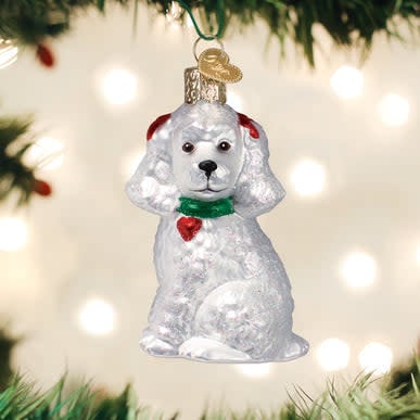 White blown-glass poodle ornament with a classic curly coat silhouette.