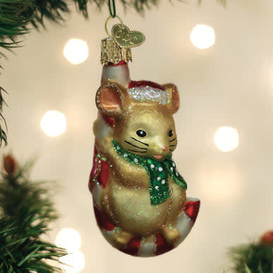 Christmas Mouse ornament with candy cane seat in red and white colors