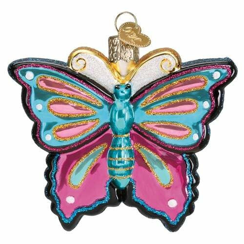 Hand-painted blown glass butterfly ornament with glitter accents in pastel colors.