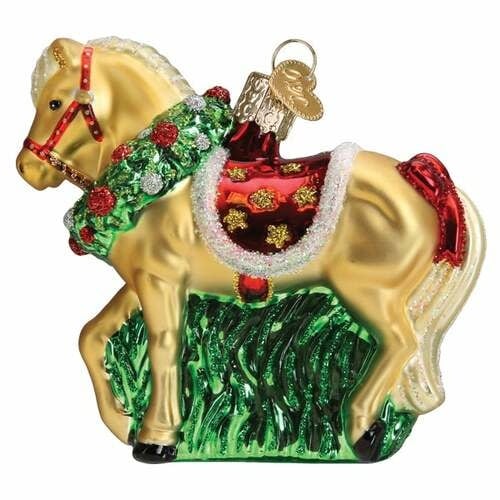 Horse With Wreath Ornament: A decorative horse figurine featuring a wreath design around its neck.