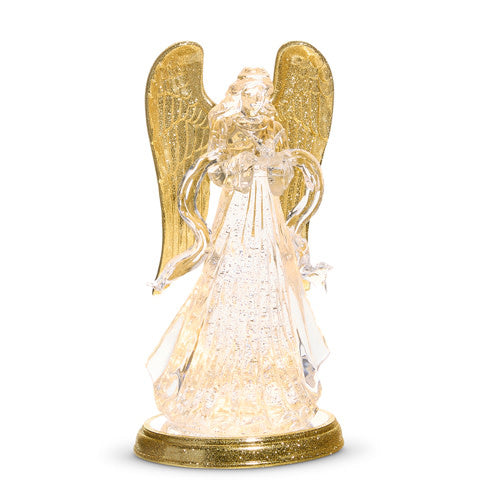 A 12.75-inch tall clear plastic angel figurine with gold glitter wings and a swirling glitter base.