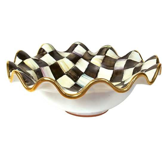 Medium ceramic serving bowl with ivory and onyx checkered pattern, gold lustre embellishments, and fluted rim.