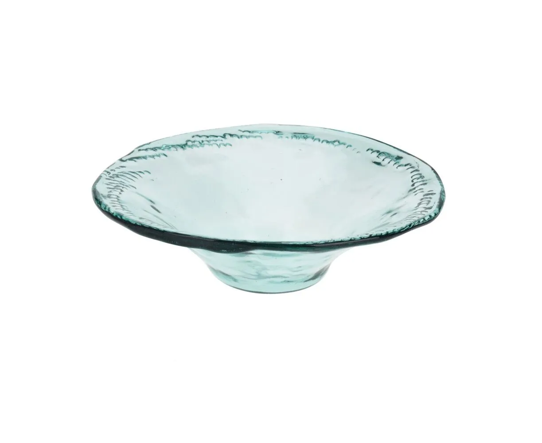 Transparent recycled glass bowl with a wide, textured rim and a shallow, rounded silhouette.