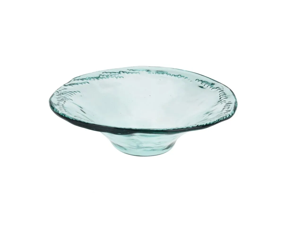 Transparent recycled glass bowl with a wide, textured rim and a shallow, rounded silhouette.