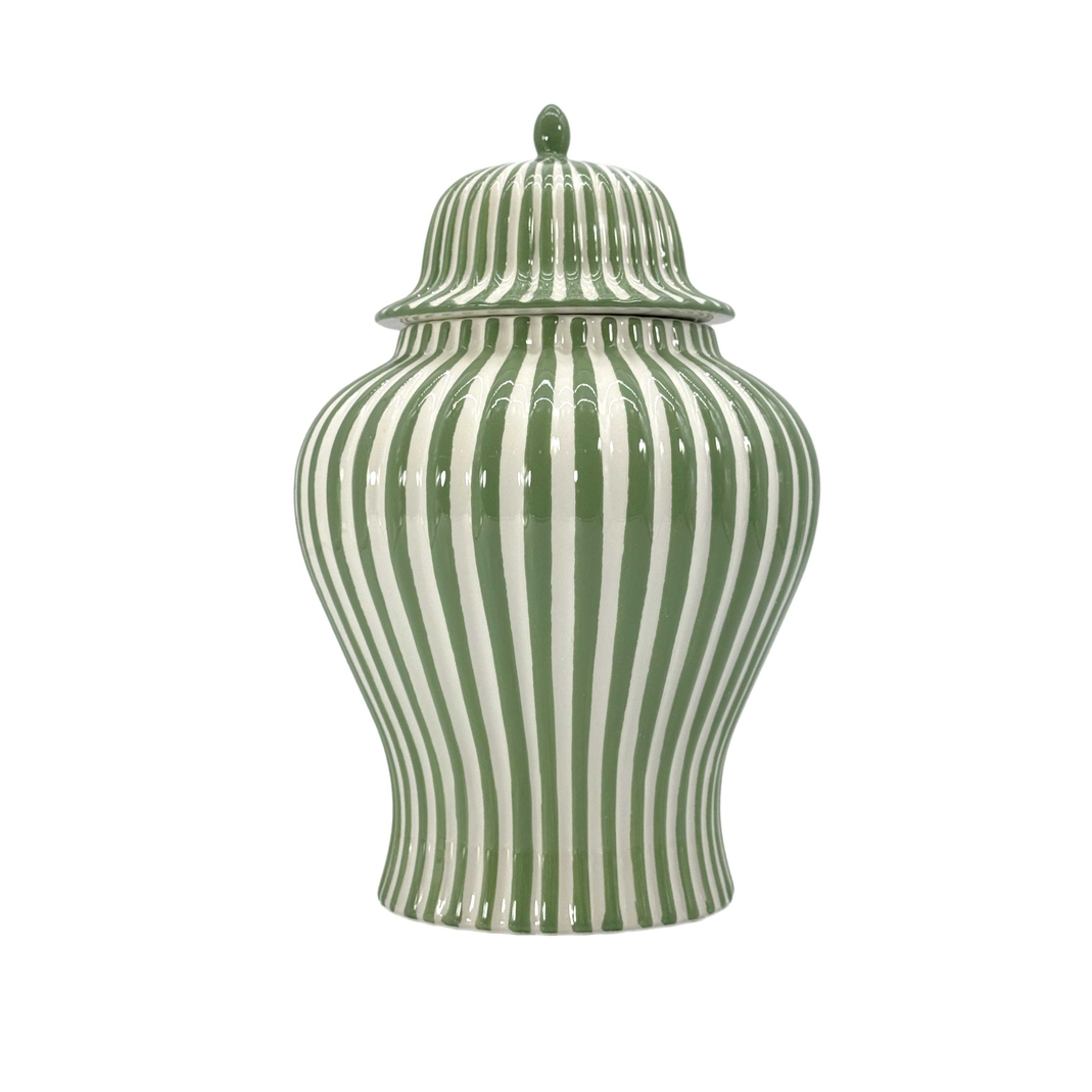 12-inch green and white candy cane striped ceramic ginger jar with lid.