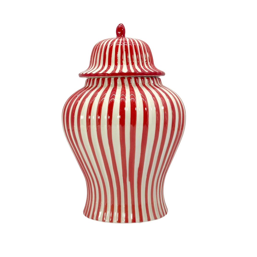 12-inch red and white candy cane striped ceramic ginger jar with a matching lid.