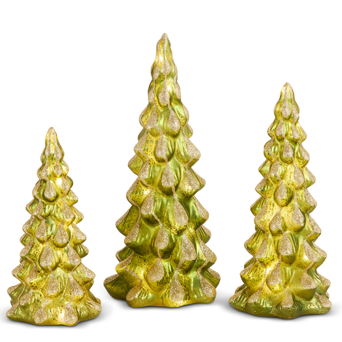 Set of three green glass Christmas trees in varying heights with gold glitter accents.