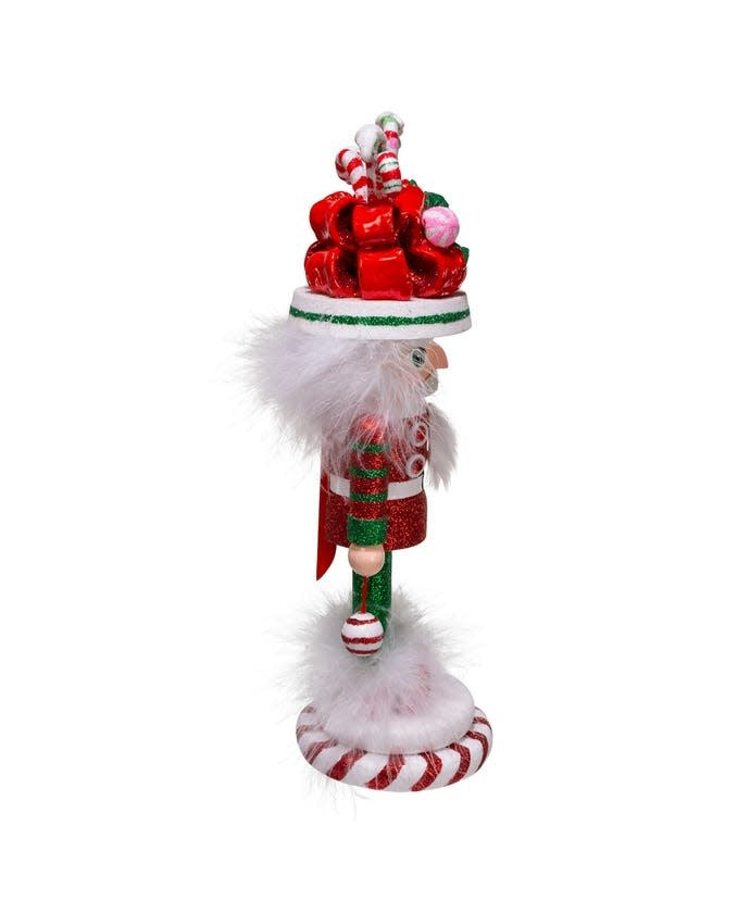 12-inch Hollywood candy soldier nutcracker in red, white, and green glitter with a festive hat.
