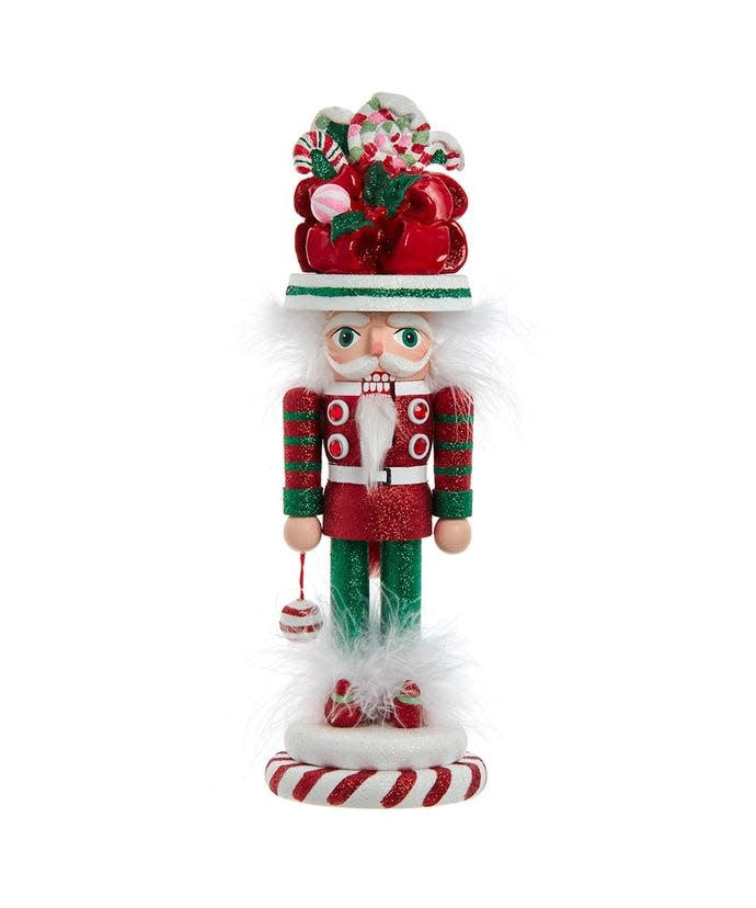 12-inch candy soldier nutcracker in red, white, and green glitter with a candy-topped hat.
