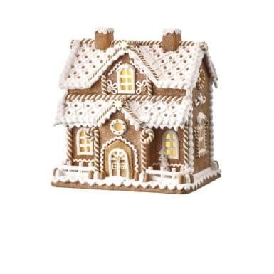 12-inch LED gingerbread house with white icing details, illuminated windows, and a festive design.