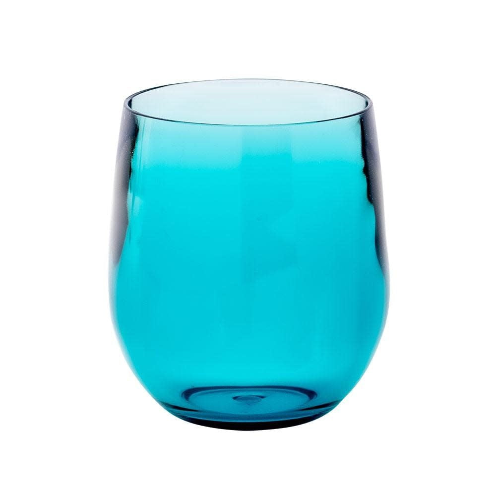 Turquoise acrylic tumbler glass with a cylindrical shape designed for tabletop display.