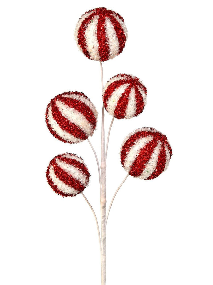 28-inch decorative spray featuring five red and white swirl candy balls with a sparkling finish.