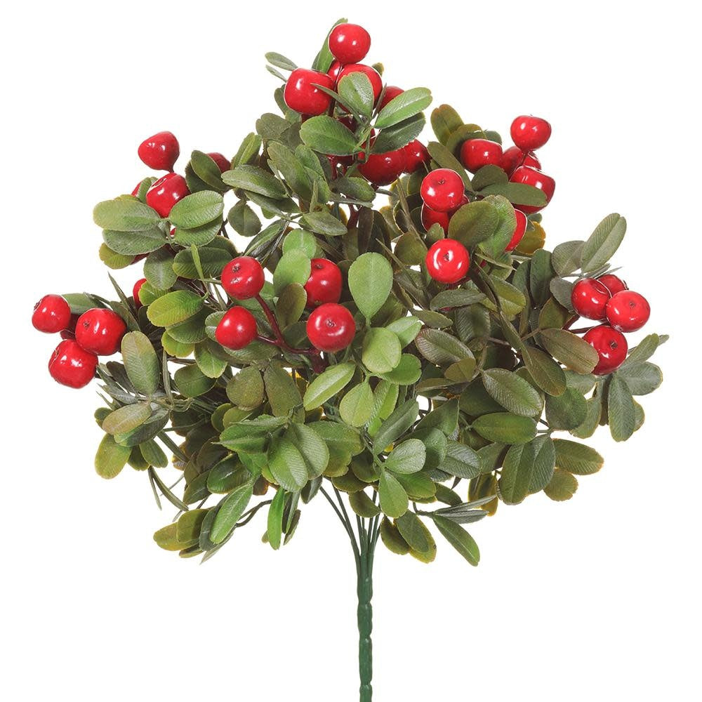 Plastic crabapple bush decoration with red and green berries on a wire frame.