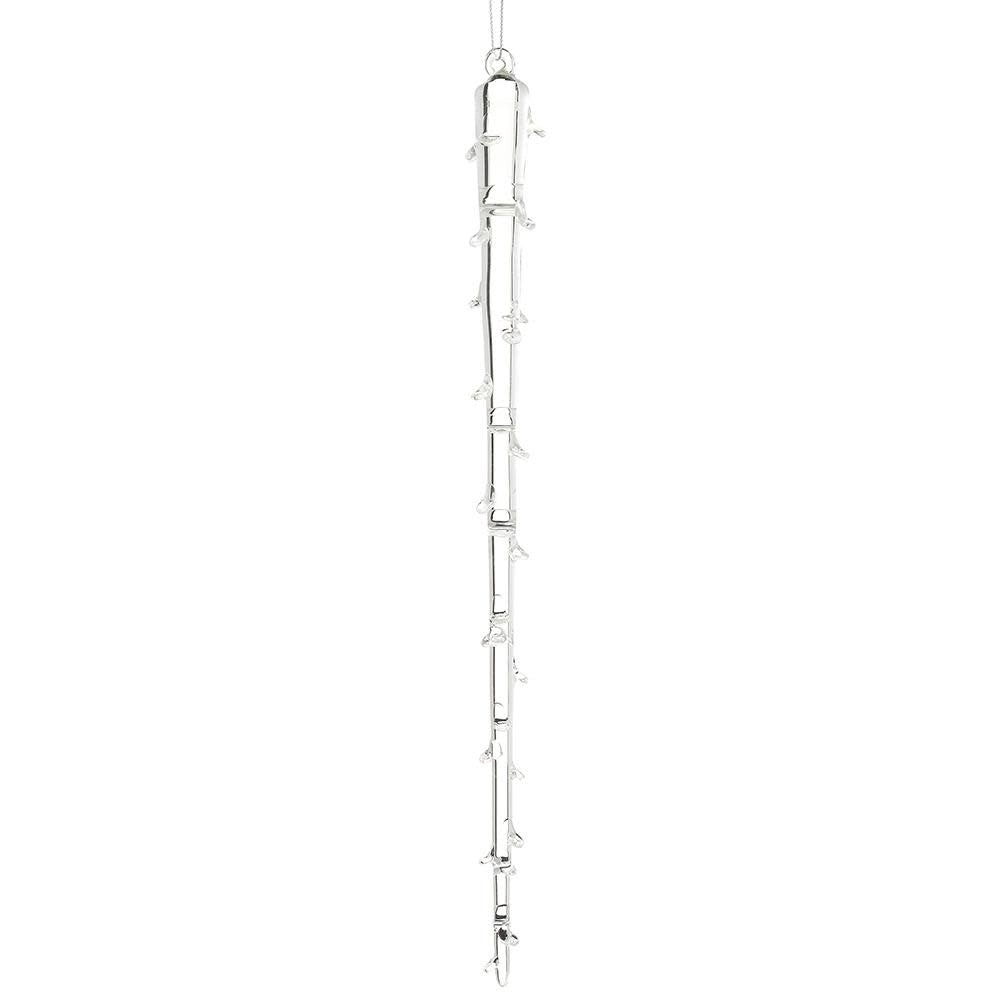 Clear glass icicle ornament with a tapered cylindrical shape.
