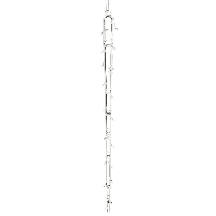 Clear glass icicle ornament with a tapered cylindrical shape.
