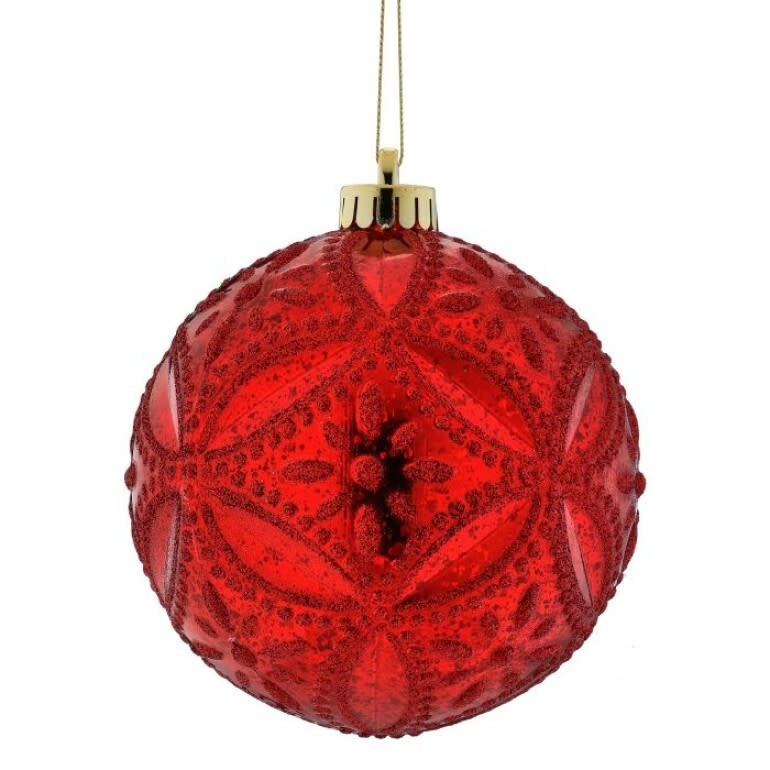 Red mercury glass floret ornament with glitter finish