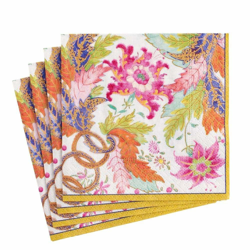Caspari triple-ply luncheon napkins featuring a tobacco leaf pattern in earthy brown tones on natural tissue.
