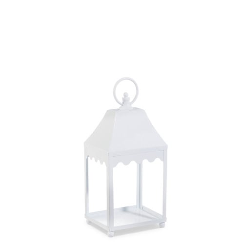 White iron lantern with decorative cutout patterns measuring eight inches wide.