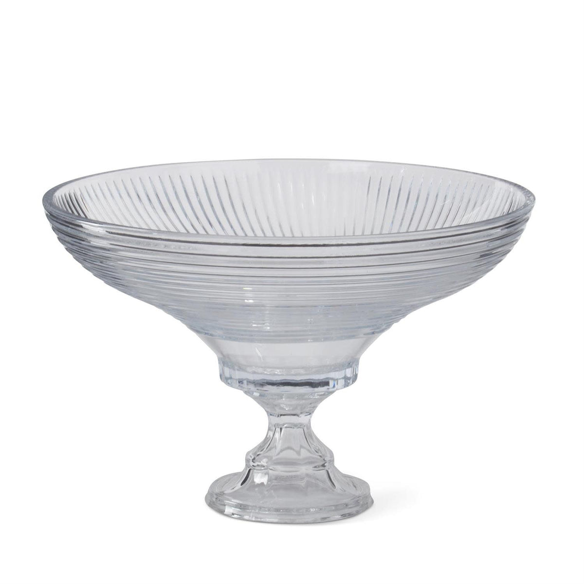 Glass pedestal bowl with line-pressed texture in clear finish