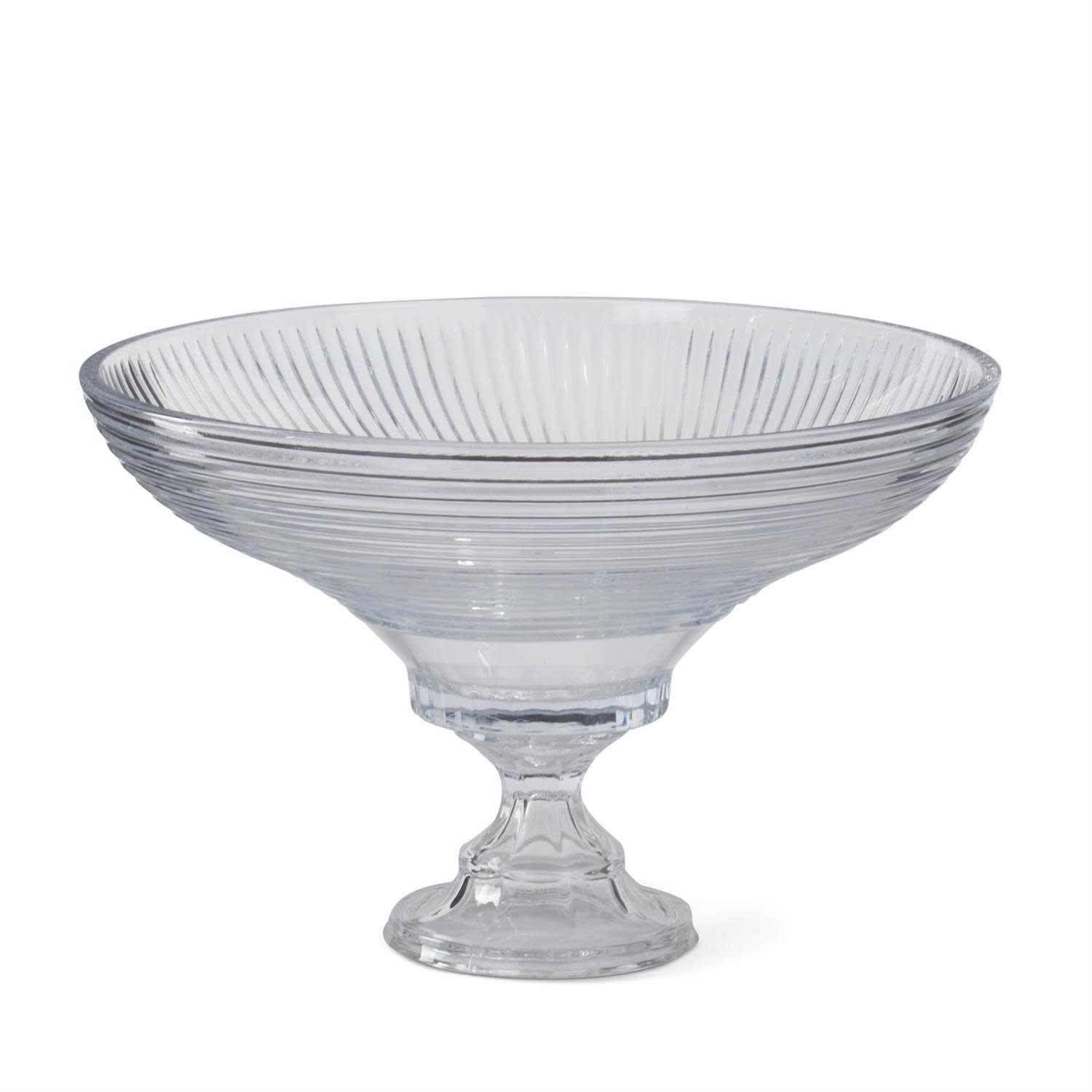 Glass pedestal bowl with line-pressed texture in clear finish