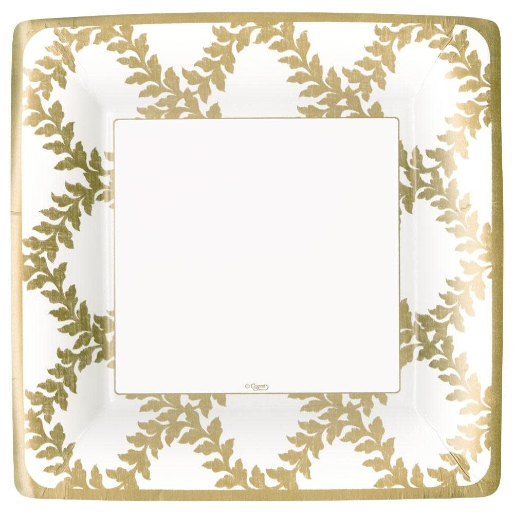 Square ivory paper plate with an acanthus trellis pattern