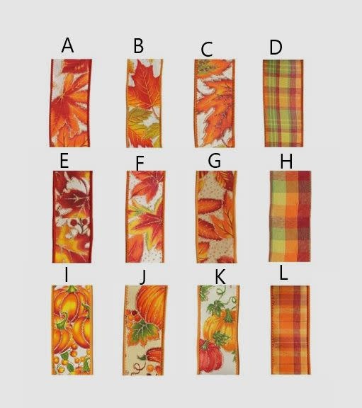 A roll of fall-themed decorative ribbon featuring a warm autumn leaf pattern on polyester fabric.