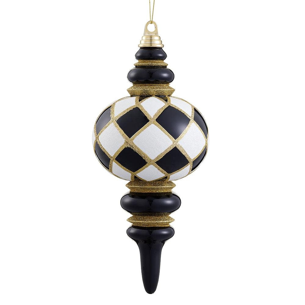 Black plastic finial ornament with white glitter finish
