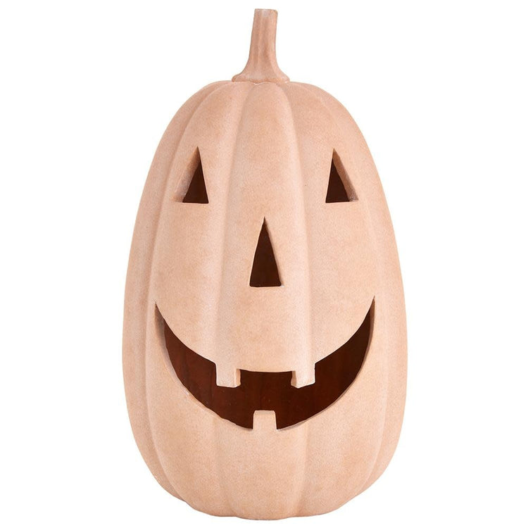 Terra cotta colored battery-operated Jack-O'-Lantern with glowing face.