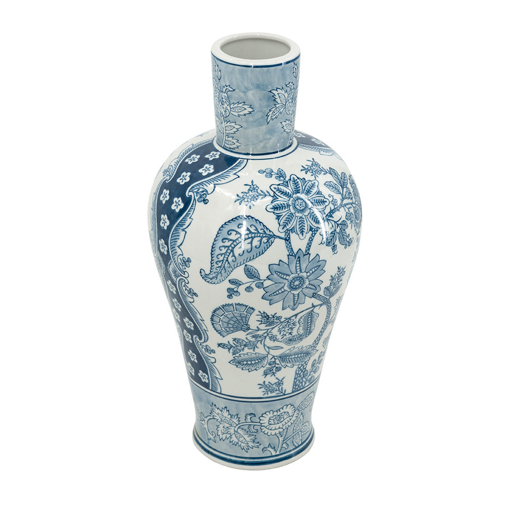 Blue and white floral porcelain vase with rounded body and elongated neck