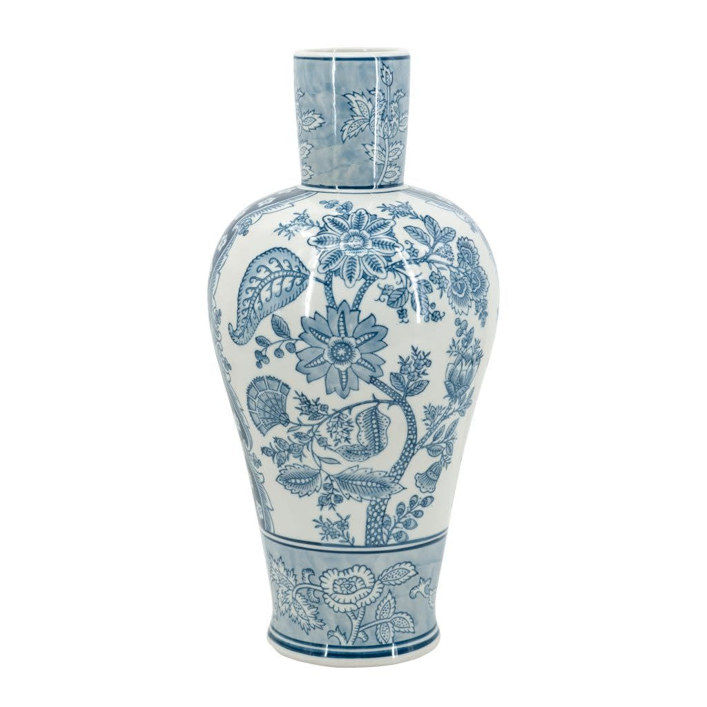 Blue and white floral porcelain vase with rounded body and elongated neck