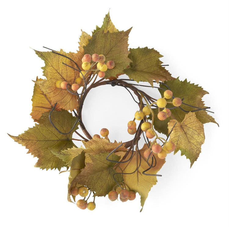 Fourteen-inch polyester wire candle ring shaped like grape leaves with green foliage, yellow trim, and berry accents.