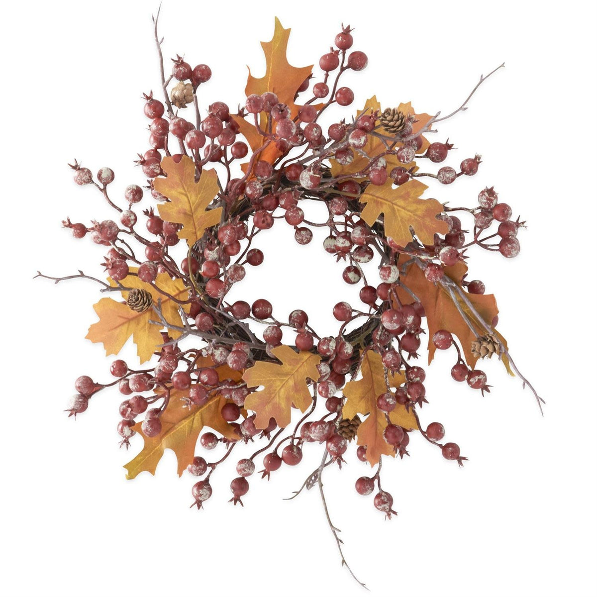 Cylindrical candle ring with plastic pinecones, polyfoam rosehips, and twigs in natural brown tones.