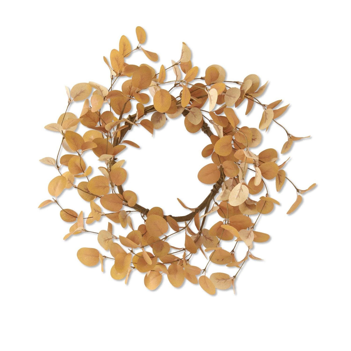 Yellow polyester eucalyptus candle ring wreath with wire frame base
