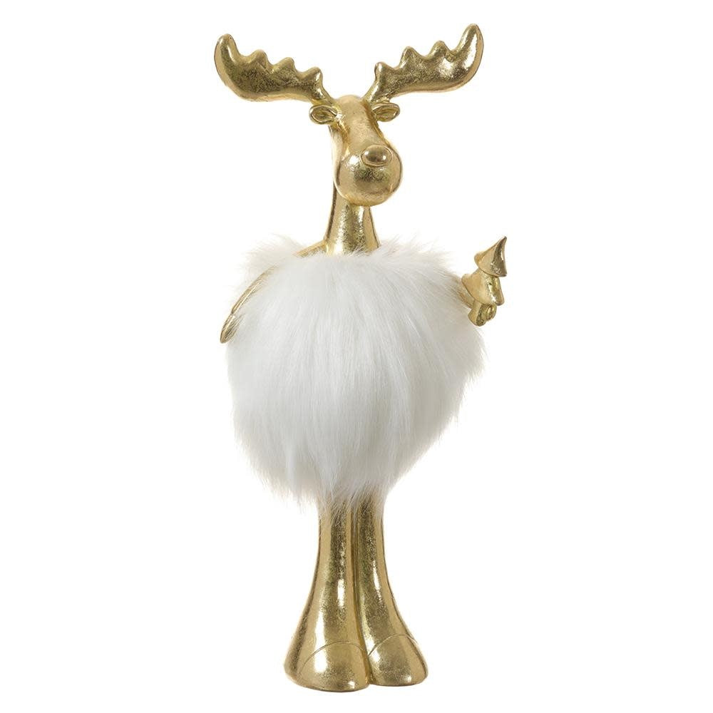 White gold-colored moose head figurine with polyresin body and polyester fur antlers.