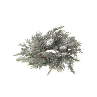 Cylindrical candle ring with realistic snowy pine and cedar branches in green and white tones.