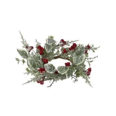 Winter Frost candle ring with frosted greenery, vibrant berries, holly leaves, and a snowy finish.
